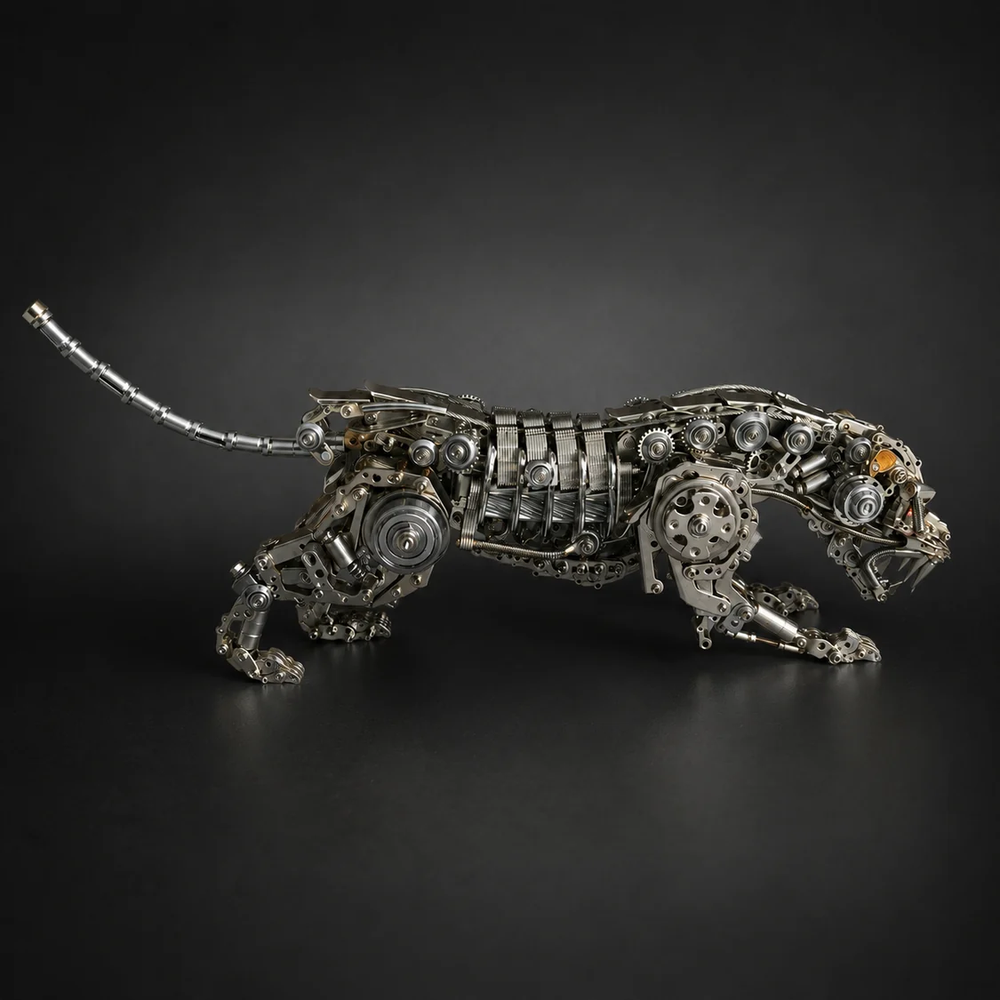 Mechanical Panther Metal Model Kit with LED Lights – Articulated Steampunk Animal Sculpture