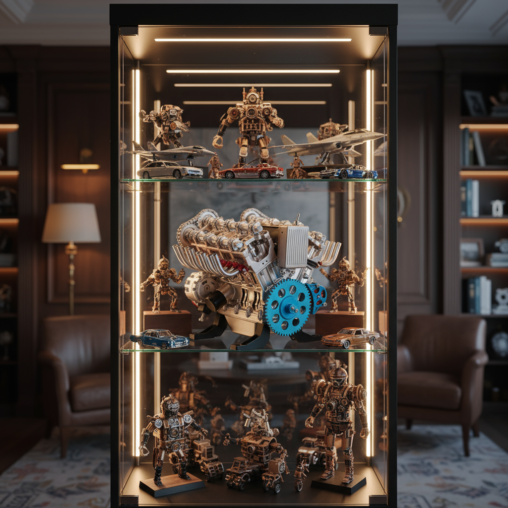 Close-up view of the Teching full metal V8 engine model kit mechanical details