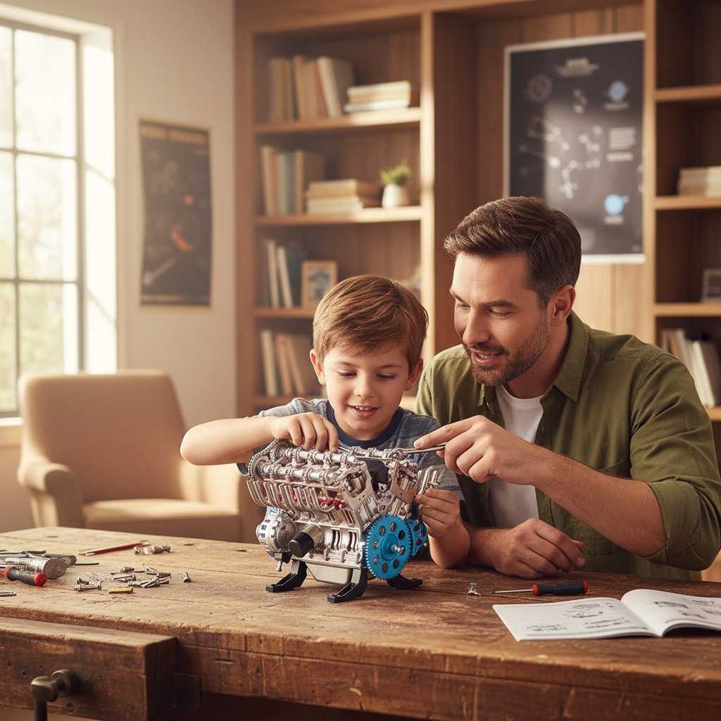 Teching 1:3 full metal V8 engine model kit assembled on a workbench