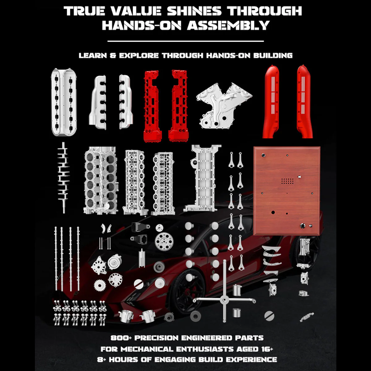 TECHING 1/4 Scale V12 Engine Model Kit with Synchronized Sound Effects – 800+PCS Metal Supercar Engine Kit