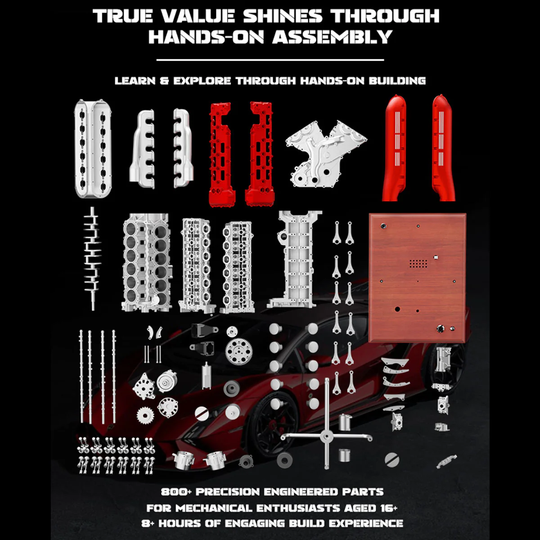 TECHING 1/4 Scale V12 Engine Model Kit with Synchronized Sound Effects – 800+PCS Metal Supercar Engine Kit