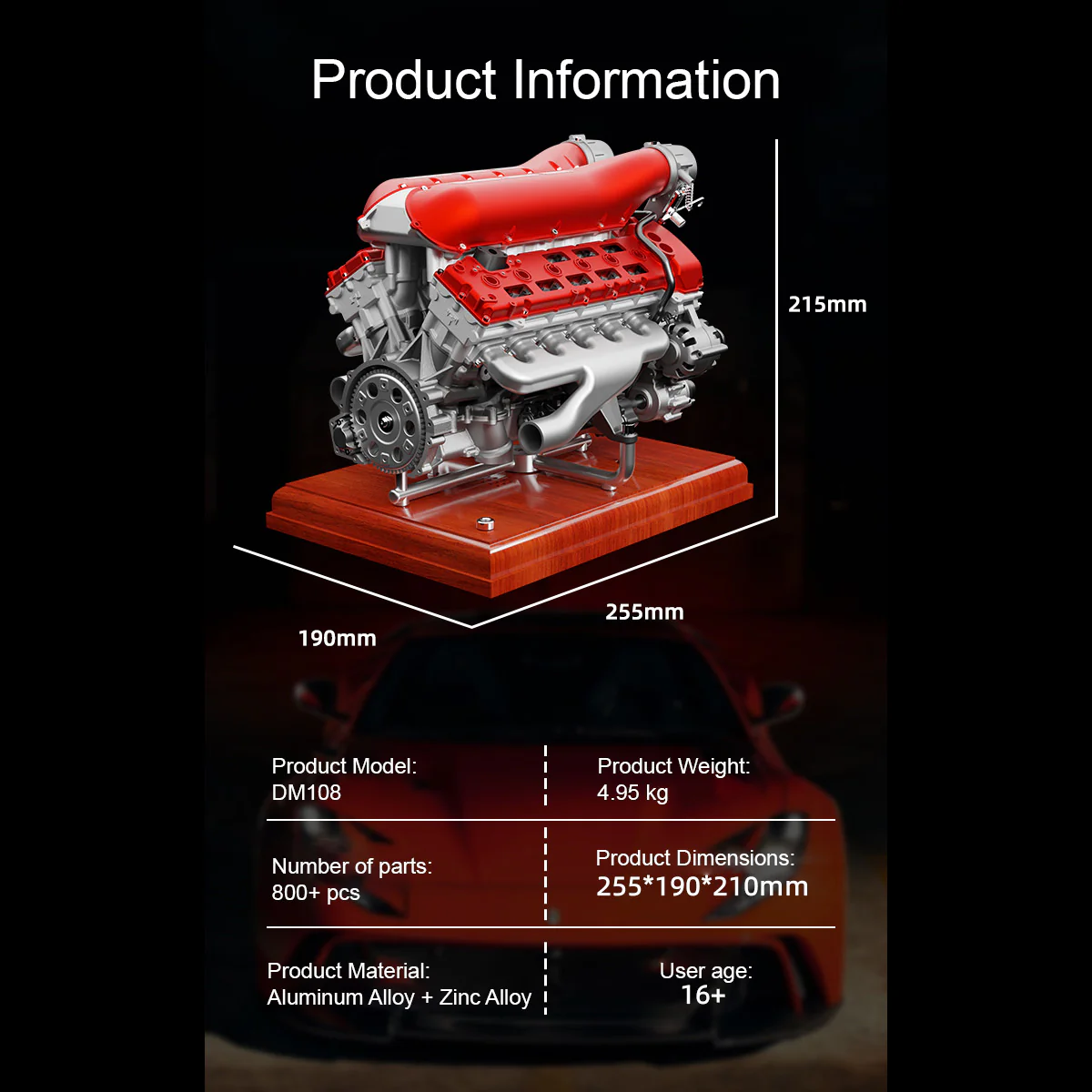 TECHING 1/4 Scale V12 Engine Model Kit with Synchronized Sound Effects – 800+PCS Metal Supercar Engine Kit