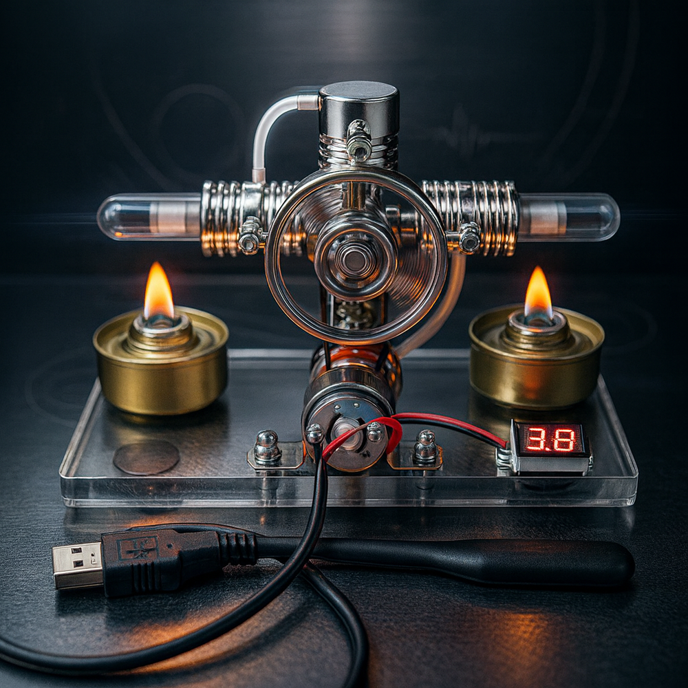 ENGINEKITOR Cross Twin Stirling Engine Generator Kit with Voltmeter & LED - Build Your Own Engine