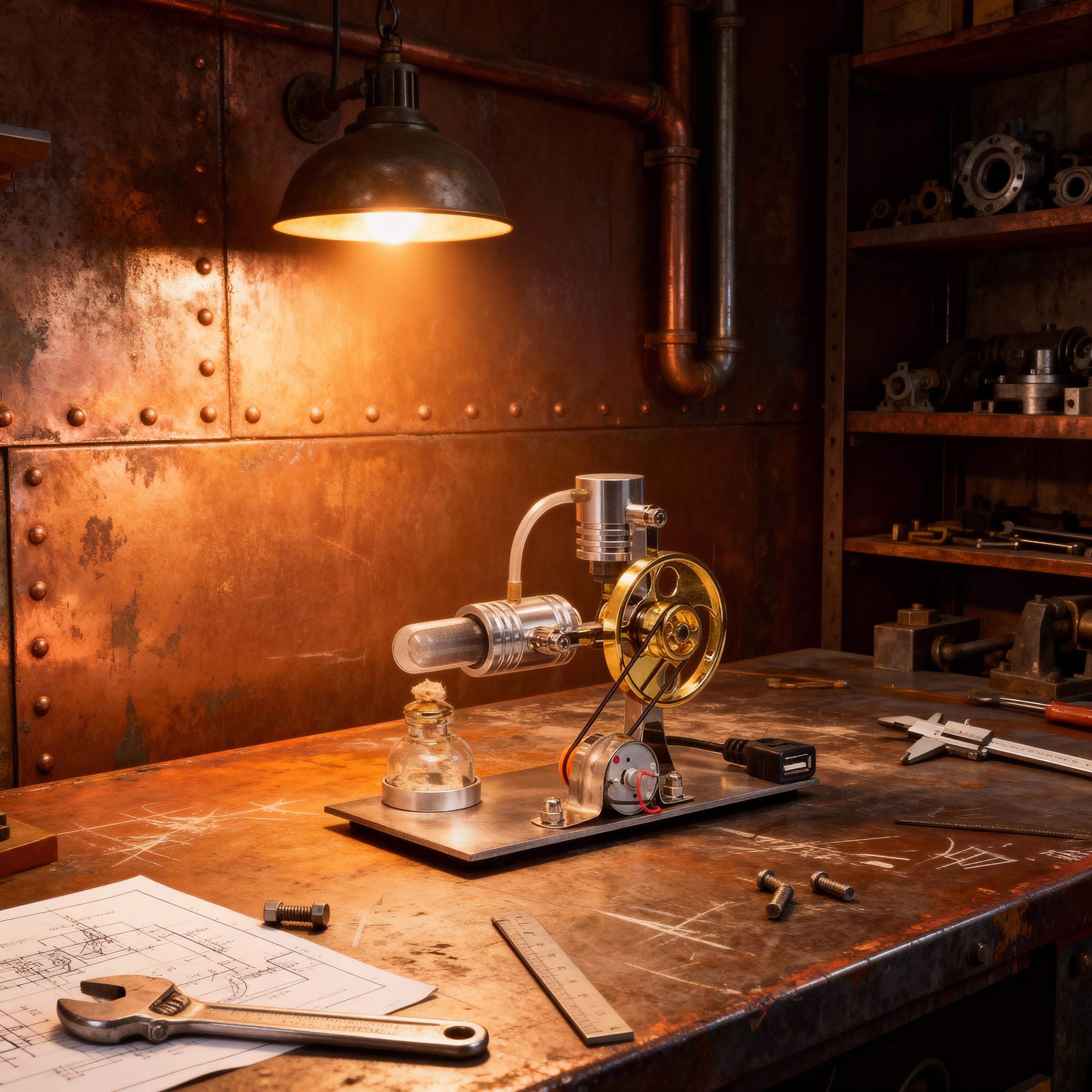 Modèle de moteur Stirling de type L ENGINEKITOR avec production d'énergie et éclairage LED - Construisez votre propre modèle de moteur