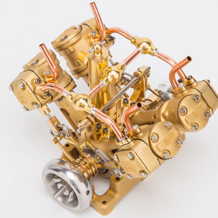 RW-V4 Retro Brass V4 Steam Engine Model – Mini 4-Cylinder Power for 90–150cm Steamships