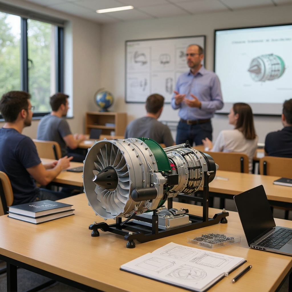 Close-up of the metal fan and compressor blades of the Teching turbofan engine model