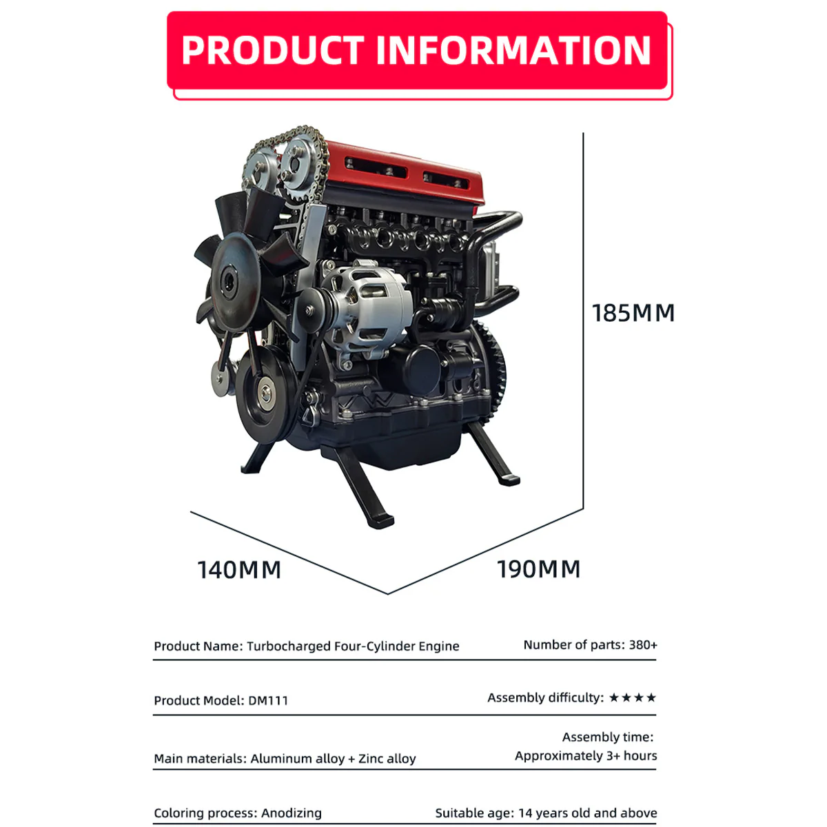 TECHING L4 Turbocharged 4-Cylinder Full Metal Engine Model Kit – DIY Assembly for STEM Learning & Collector Display