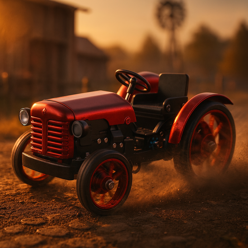 Mini tractor rojo de metal, controlado por aplicación, para armar uno mismo, juguete educativo con control remoto y colección de regalos.