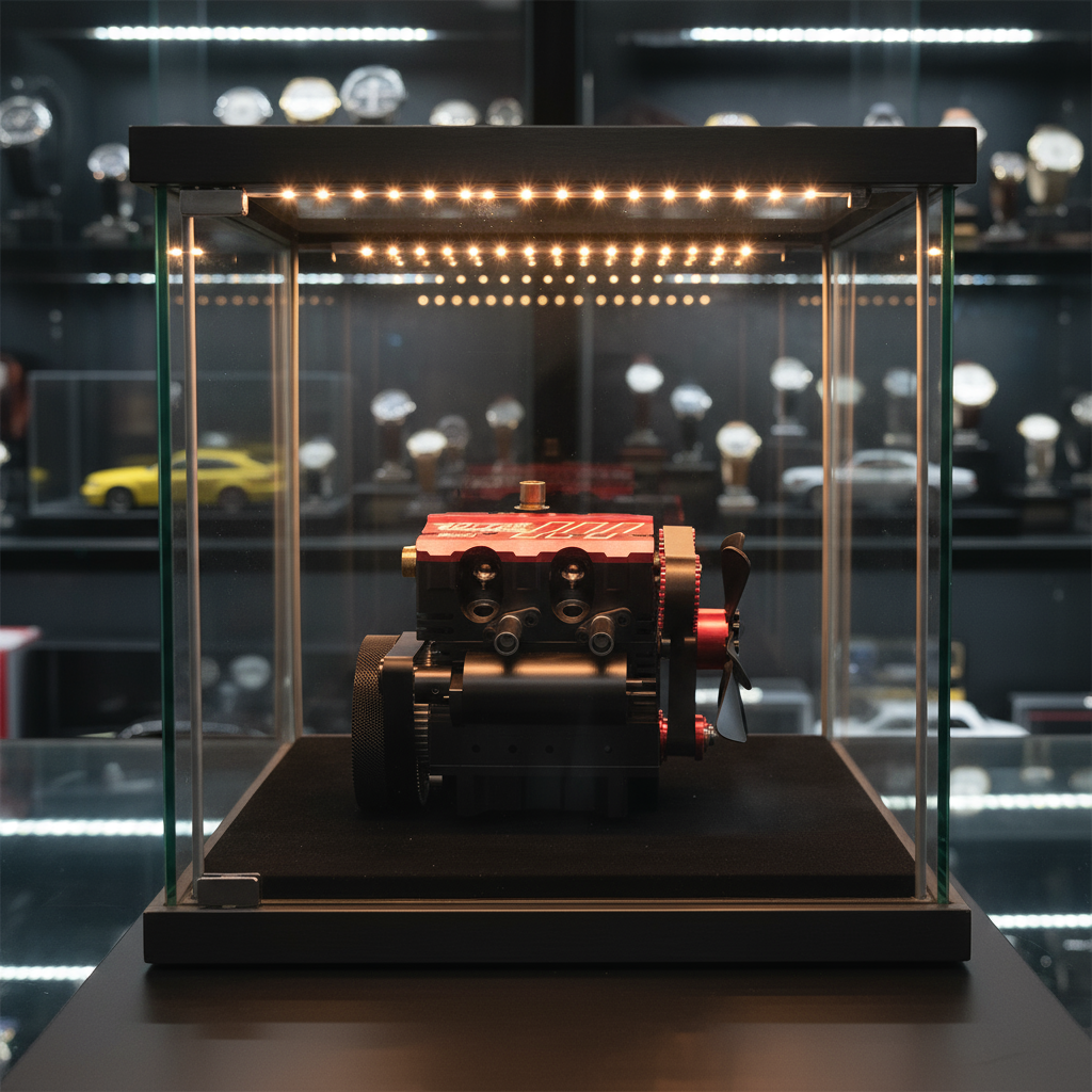 Toyan FS-L200AC nitro engine model running on a bench with exhaust and flywheel