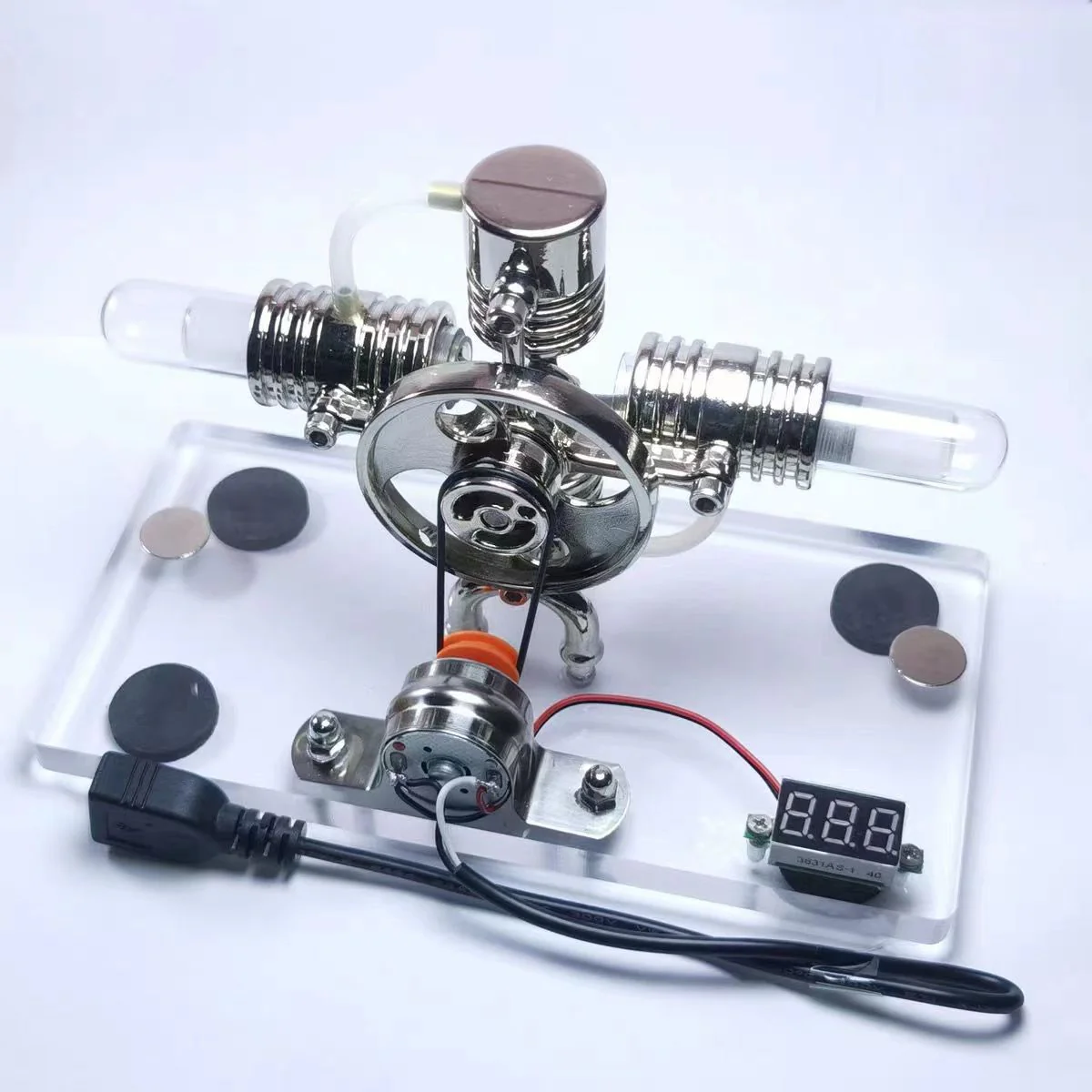 Kit générateur de moteur Stirling Cross Twin ENGINEKITOR avec voltmètre et LED - Construisez votre propre moteur