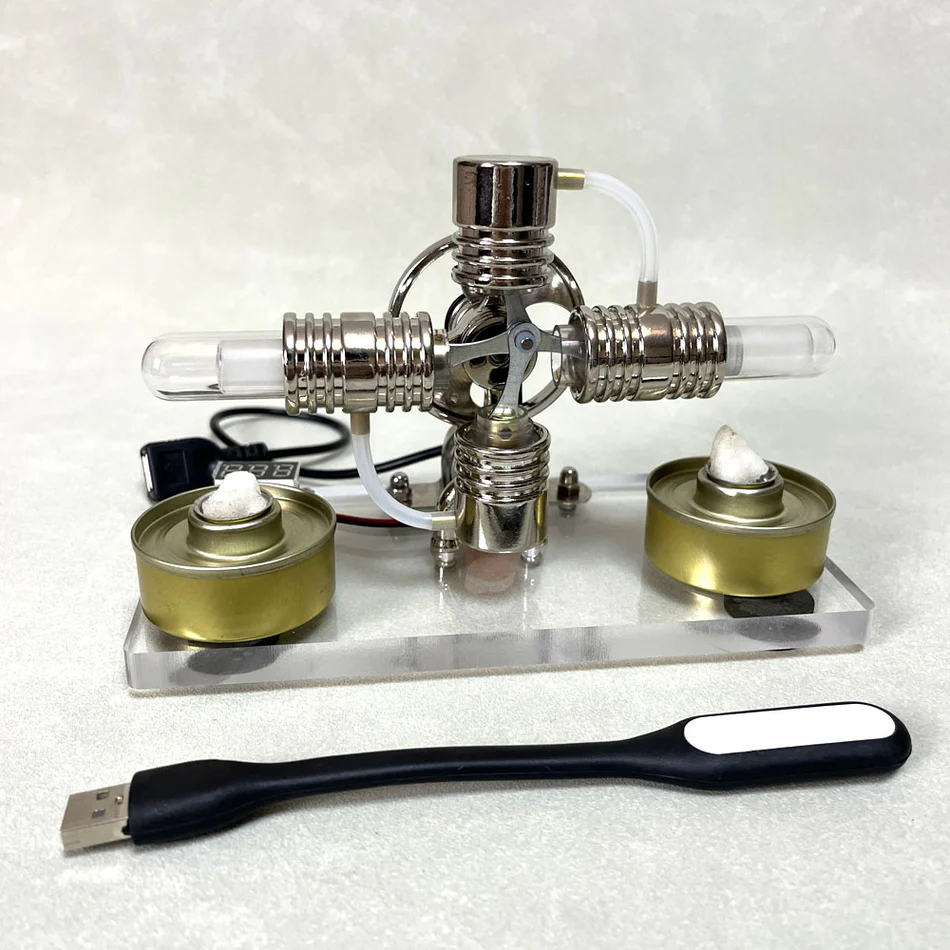 ENGINEKITOR Cross Twin Stirling Engine Generator Kit with Voltmeter & LED - Build Your Own Engine