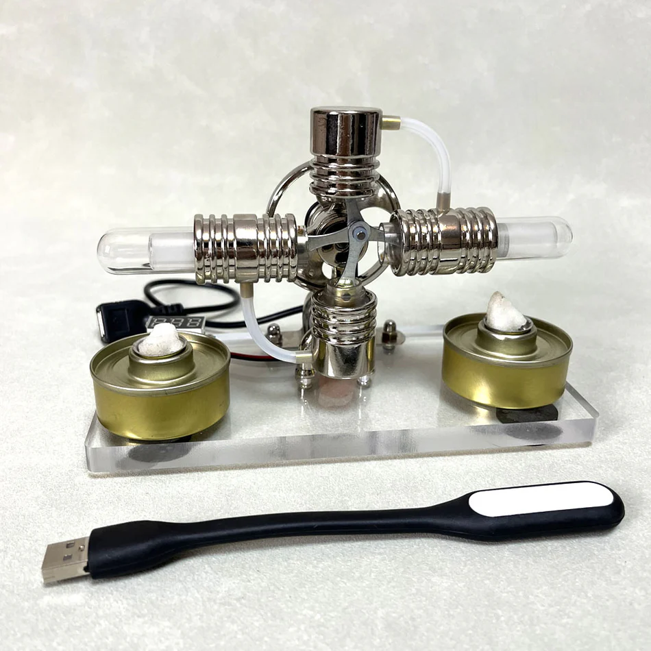 Kit générateur de moteur Stirling Cross Twin ENGINEKITOR avec voltmètre et LED - Construisez votre propre moteur
