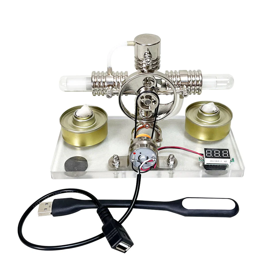 Kit générateur de moteur Stirling Cross Twin ENGINEKITOR avec voltmètre et LED - Construisez votre propre moteur