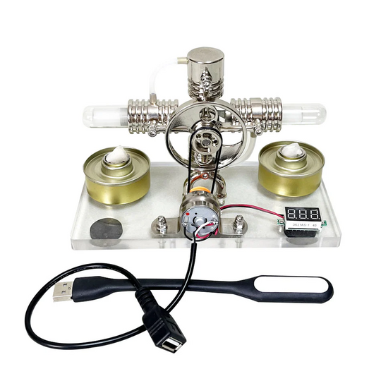 ENGINEKITOR Cross Twin Stirling Engine Generator Kit with Voltmeter & LED - Build Your Own Engine