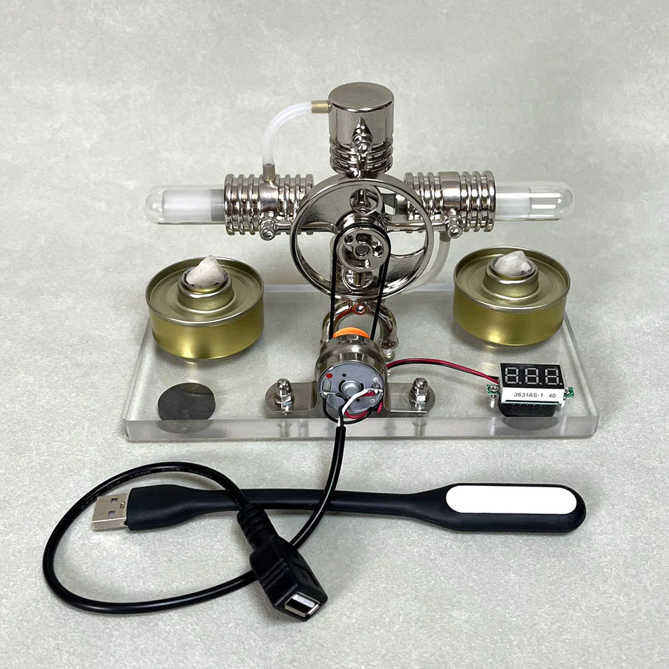 Kit générateur de moteur Stirling Cross Twin ENGINEKITOR avec voltmètre et LED - Construisez votre propre moteur