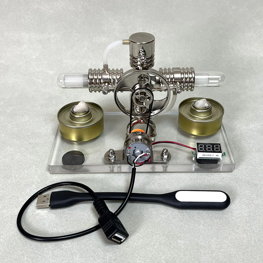 ENGINEKITOR Cross Twin Stirling Engine Generator Kit with Voltmeter & LED - Build Your Own Engine